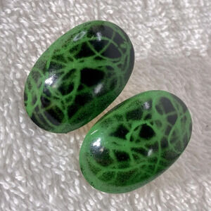 Vintage Black W Green Oval Plastic Clip On Earrings